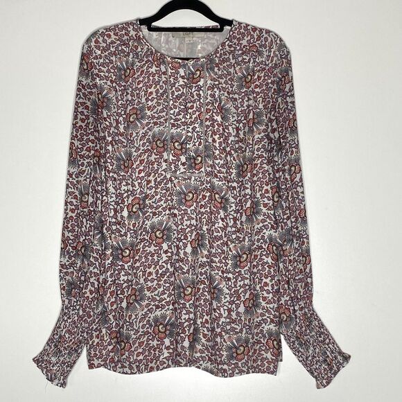 LOFT Floral Boho Henley Smock Cuff Blouse Women's Size Medium - Picture 1 of 9